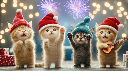 Poster - Kittens in red and blue hats joyfully celebrate the new year, surrounded by colorful fireworks and festive decorations