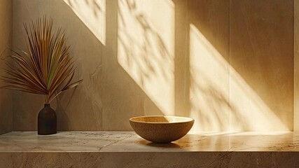 Aufkleber - Soft sunlight creates a warm atmosphere in a minimalist kitchen, highlighting a decorative bowl on the counter alongside an elegant plant arrangement.