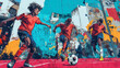 © Monktwins - Soccer game in action. Young black boys playing in the street, walls covered with graffiti, cartoon style.