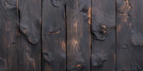 Poster - A close-up of textured, dark wooden planks featuring unique grain patterns and knots, creating a rustic and natural appearance.