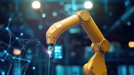 Poster - Advanced Robotic Arm System in Action During High-Tech Welding Process with Sparks and Precision Engineering in a Modern Industrial Setting