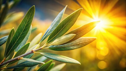 Poster - Close-up View of Lush Green Leaves Against a Blurred Background of Golden Sunlight
