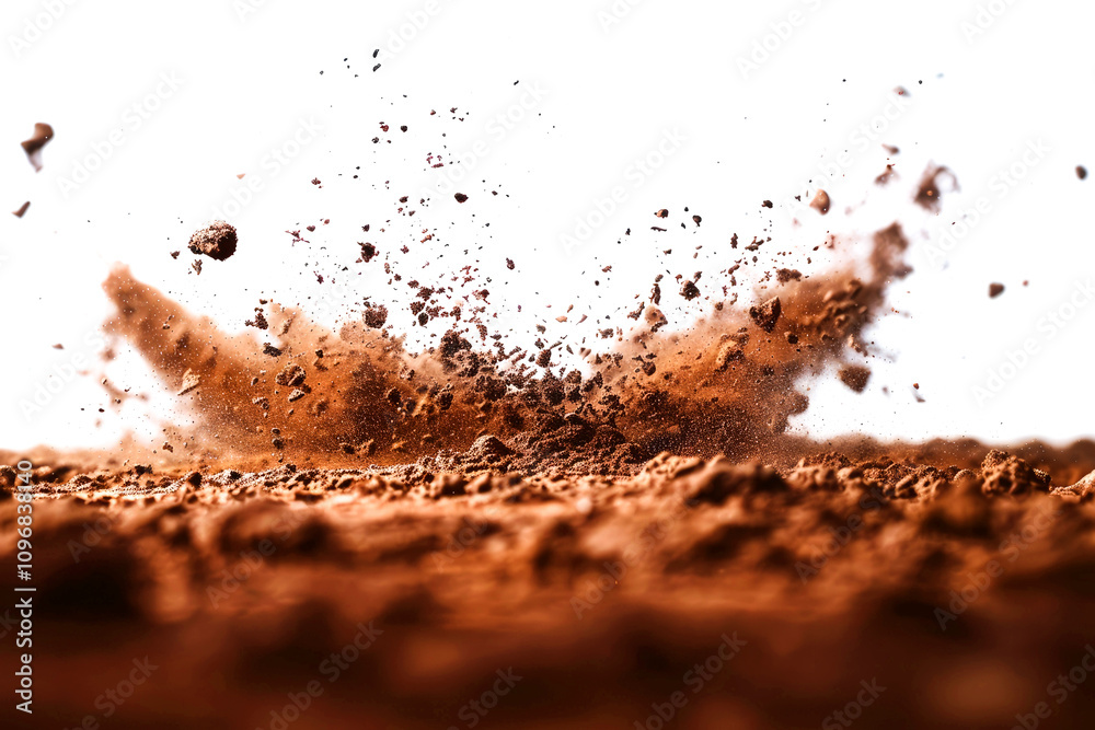 Nature Inploding Pictures Close-up of soil particles scattering and exploding into the air on a ...