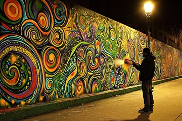 Wall Mural - A vibrant mural being painted at night, showcasing colorful swirling patterns and designs.