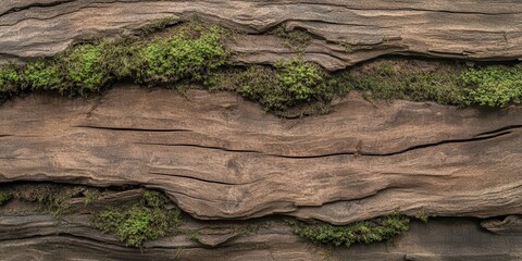 Poster - A textured wooden surface with patches of vibrant green moss, showcasing the beauty of nature and the passage of time.