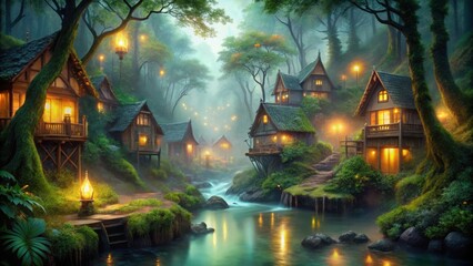 Poster - A mystical forest village nestled amongst towering trees, illuminated by the warm glow of lanterns, with a tranquil stream winding through the heart of the settlement