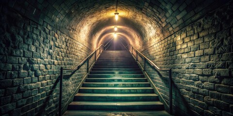 Poster - A dimly lit brick tunnel with stairs leading up to a bright light source at the end.
