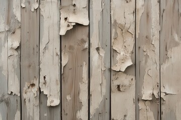 Poster - A close-up of weathered wooden planks, showcasing peeling paint and a rustic texture, highlighting age and decay.