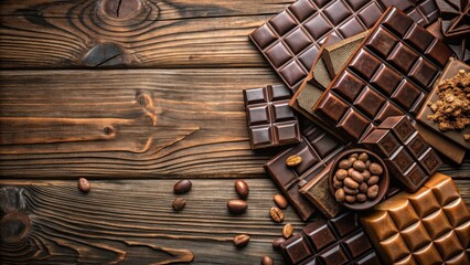 Poster - A Rustic Arrangement of Dark Chocolate Bars, Cocoa Beans, and Coffee Beans on a Wooden Background