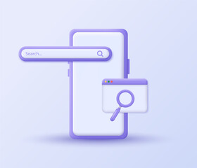 Poster - 3D smartphone with search bar, web browser, and magnifying glass icon. 3D design of web searching concept Internet request. Vector illustration.