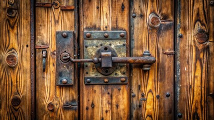 Poster - A weathered wooden door with a rusty metal latch and hinges.  The wood has a rich brown color and the grain is visible.