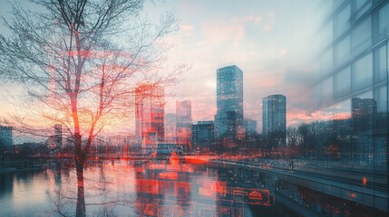 Poster - Vibrant Double Exposure of Urban Skyline at Sunset with Blending Effects