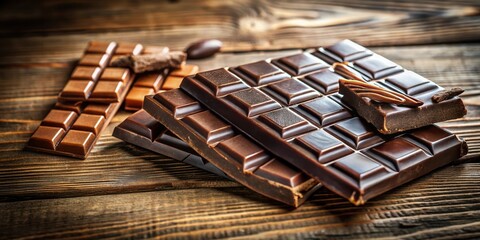 Poster - A close-up view of dark chocolate bars arranged on a wooden surface, displaying the texture and richness of the cocoa-based treat.