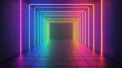 Poster - A vibrant, illuminated corridor with glowing neon lights in rainbow colors, creating a futuristic and immersive atmosphere.