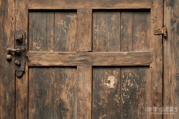 Poster - A weathered wooden door with a rustic finish, showcasing its textured surface and aged charm.