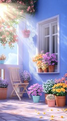 Wall Mural - Charming modern balcony oasis bathed in sunlight with vibrant potted plants