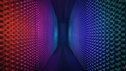 Poster - A vibrant, futuristic corridor with hexagonal patterns illuminated in shades of purple, blue, and red, creating a mesmerizing visual effect.