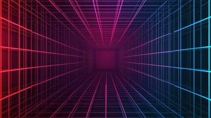 Poster - A vibrant digital tunnel featuring a grid pattern in red and blue hues, creating a sense of depth and futuristic ambiance.