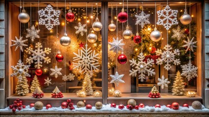 Aufkleber - A festive storefront display featuring shimmering snowflakes, red and silver ornaments, and glittering lights, creating a magical winter wonderland atmosphere.