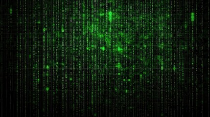 Poster - A digital backdrop featuring green matrix-style data streams, creating an abstract and futuristic atmosphere.