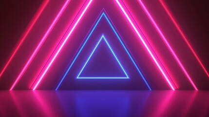 Poster - A vibrant, neon-lit triangle formation with pink and blue lights against a reflective surface, creating a futuristic atmosphere.