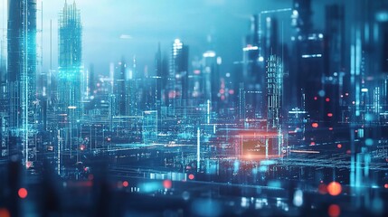 Poster - Futuristic Cityscape with Digital Elements and Construction Features