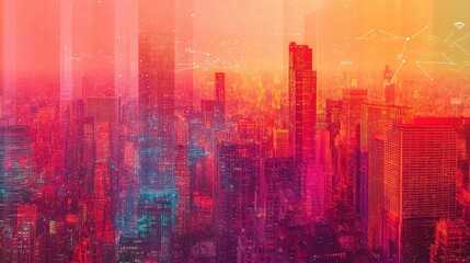 Poster - Modern Metropolis with Vibrant Colors and Double Exposure Effects