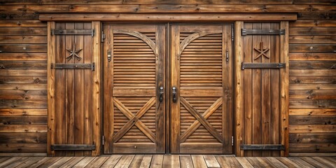 Poster - Rustic Double Doors Set Against a Weathered Wooden Wall with Intricate Design Elements and Decorative Hardware