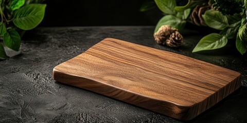 Aufkleber - A rustic wooden cutting board surrounded by greenery, set against a dark surface, highlighting its natural texture and craftsmanship.