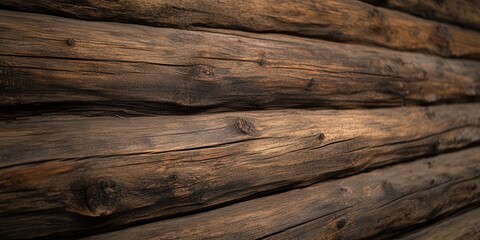 Poster - A rustic close-up of weathered wooden logs, showcasing their natural texture and rich brown tones.