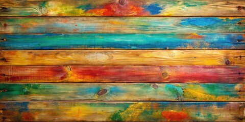 Poster - A vibrant and colorful backdrop of weathered wooden planks painted in a spectrum of hues
