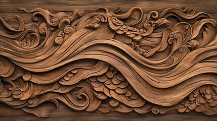 Poster - Intricate wooden carvings feature flowing wave patterns and organic designs, showcasing craftsmanship and artistic detail.
