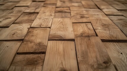 Poster - A close-up view of wooden planks arranged in a geometric pattern, showcasing the natural texture and color variations of the wood.