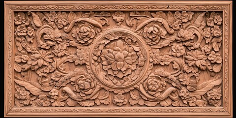 Poster - Intricate terracotta relief featuring floral motifs and swirling patterns, showcasing craftsmanship and artistic detail.