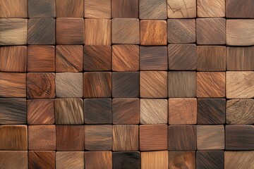 Poster - A textured surface made of various wooden blocks arranged in a grid pattern, showcasing different shades and grains.