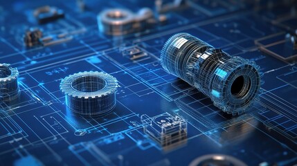 Detailed Mechanical Gear Blueprints on Vibrant Background