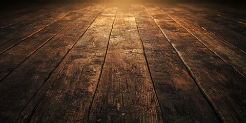 Poster - A close-up of a rustic wooden floor with warm lighting, showcasing the texture and grain of the wood.