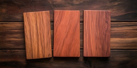 Poster - Three wooden planks with rich textures and colors displayed on a dark wooden surface.