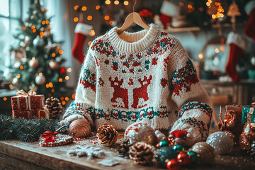 A vibrant flat lay of a DIY ugly Christmas sweater project, featuring colorful craft materials, festive patterns, and hands actively creating a holiday masterpiece.