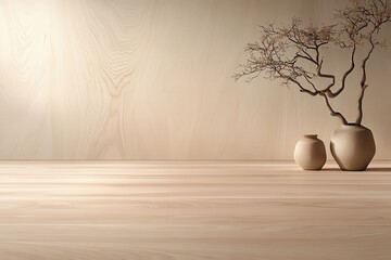 Poster - A serene interior scene featuring a minimalistic design with two vases and a delicate branch, emphasizing tranquility and simplicity.