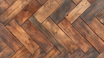 Poster - A textured wooden floor featuring a herringbone pattern in rich browns and warm tones, showcasing the natural beauty of wood.
