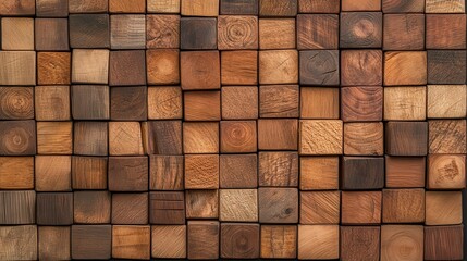Poster - A textured pattern of wooden blocks arranged in a grid, showcasing various shades and grains, creating a warm and natural aesthetic.