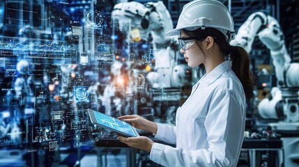 Poster - Asian Engineer Analyzing Data on Tablet in High-Tech Environment