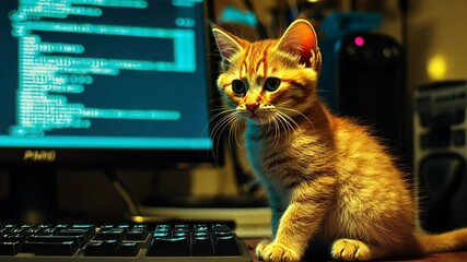 An adorable ginger kitten is perched beside a computer keyboard, its gaze directed towards a computer screen showing lines of teal code