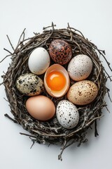 Colorful Eggs Nesting in Natural Twigs with One Cracked Egg Showing Bright Yellow Yolk Enhancing the Rustic Aesthetic of a Spring Scene