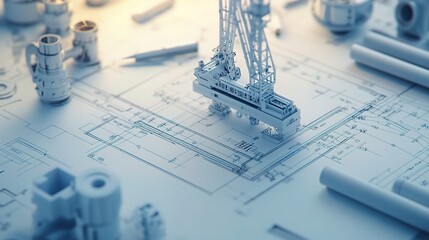 Fototapete - Engineering Concepts with Blueprint Background and Crane Model