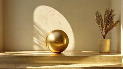 Aufkleber - The composition features a reflective golden sphere and a simple potted plant placed on a light-toned staircase, illuminated by soft sunlight, creating a serene atmosphere.