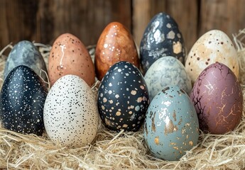 Decoratively Designed Easter Eggs Displayed on Natural Straw Background for Seasonal Celebrations and Festive Decor with Unique Patterns and Colors