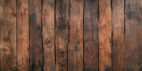 Poster - A rustic wooden wall featuring textured, weathered planks in various shades of brown, creating a warm, natural aesthetic.