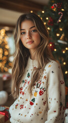 Wall Mural - A cheerful person modeling their handmade ugly Christmas sweater, surrounded by cozy holiday decorations and warm festive vibes.